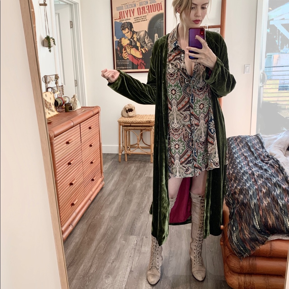 Green velvet long duster evening jacket/ kimono